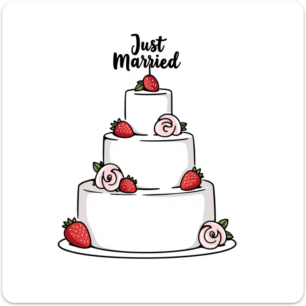 white wedding cake with strawberries, pink roses, 'Just Married' topper, hand drawn doodle style sticker