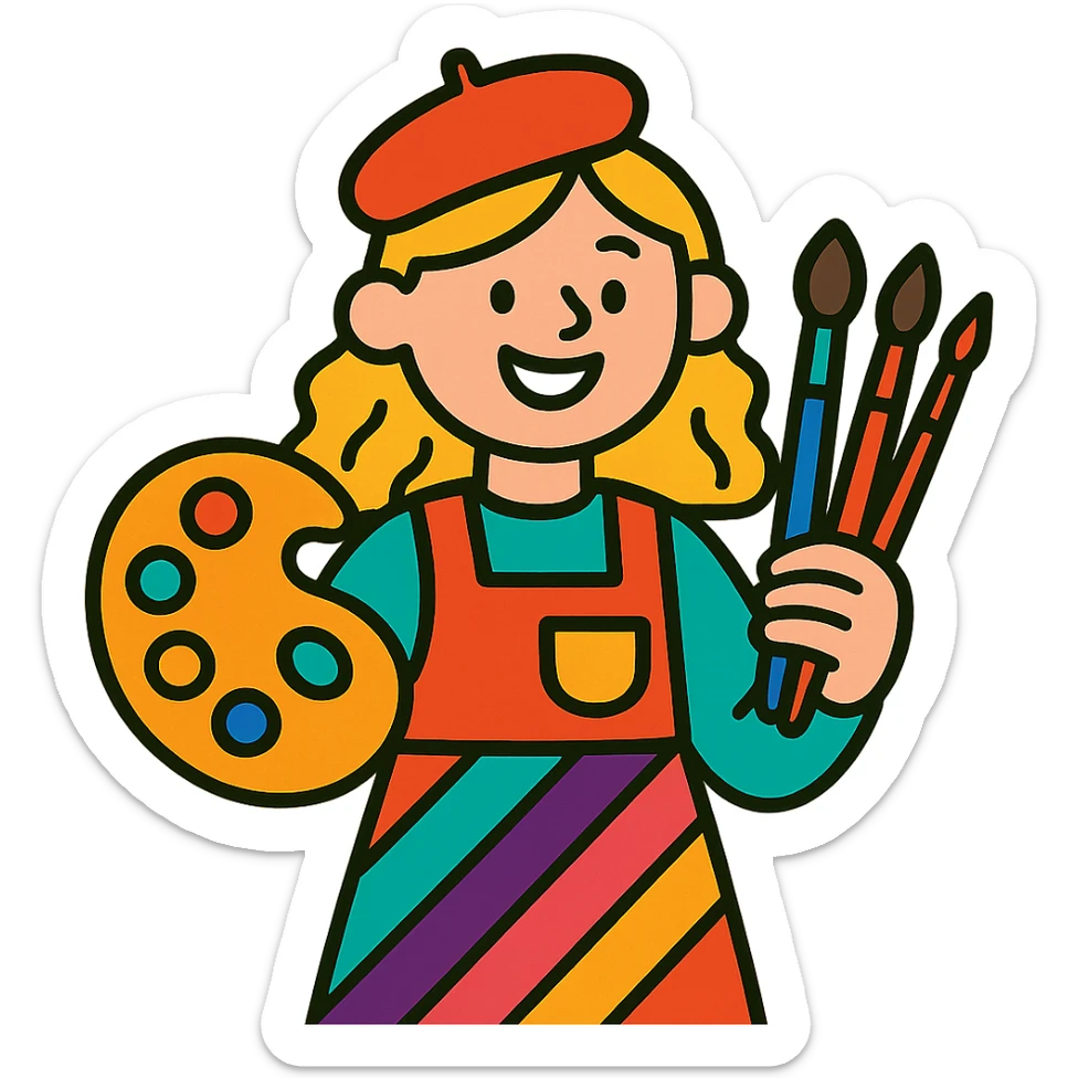 creative blond girl, holding art supplies, cheerful smile, colorful outfit, artistic vibe sticker