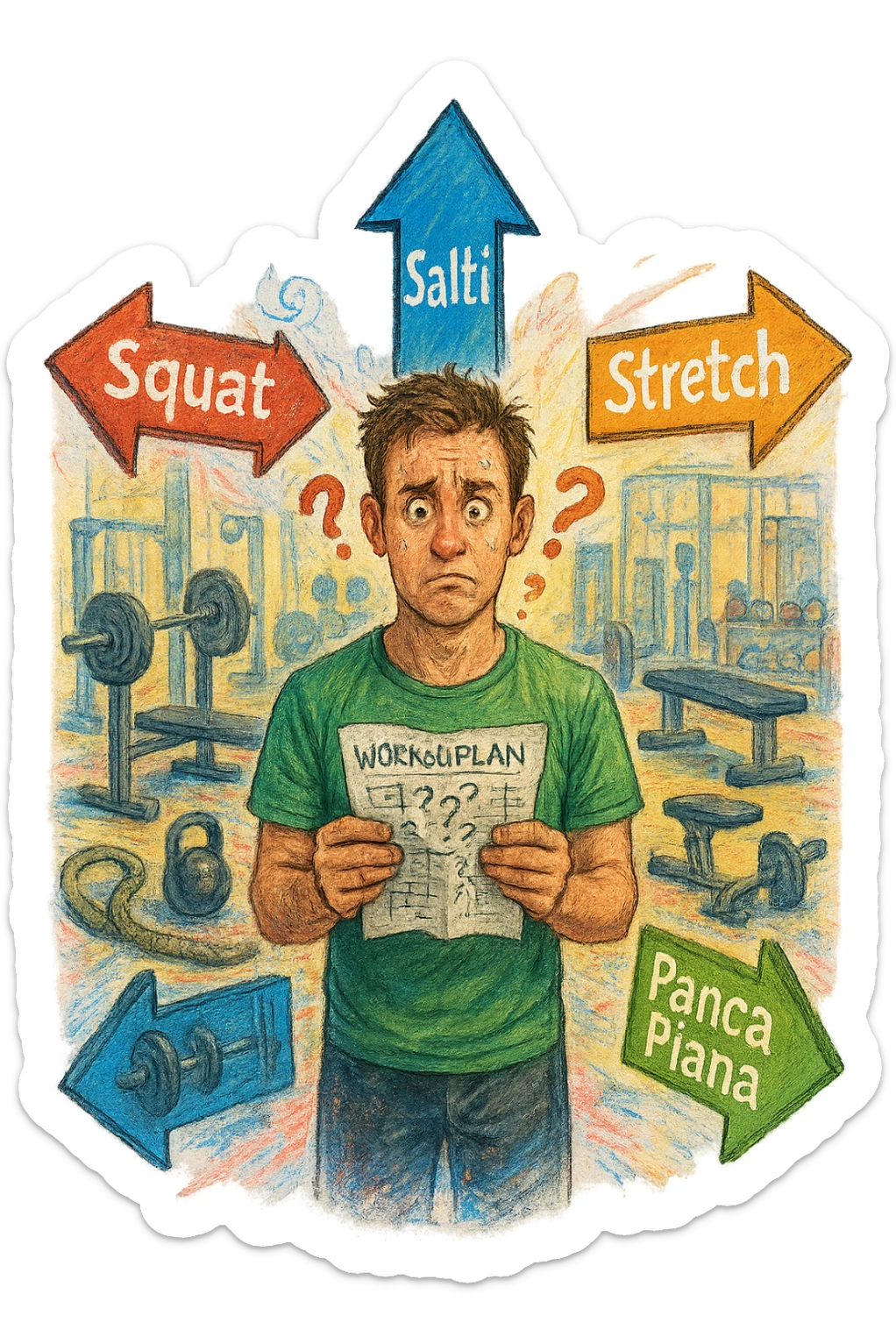 a person stands in the center of a gym, surrounded by arrows pointing in all directions, each labeled with a different exercise (e.g., “squat,” “Salti,” “stretch,” “Panca Piana”). The person looks bewildered, holding a workout plan with scribbles and question marks. The scene is colorful but visually messy, symbolizing confusion. in italiano immagine iperrealistica sticker