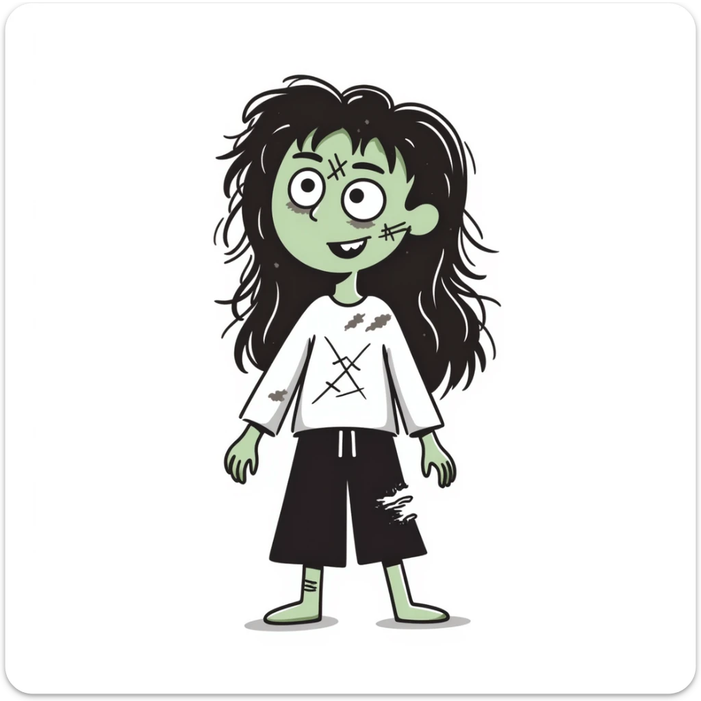 Girl zombie with messy long brown hair, stitches on face, pale green skin, and torn clothes sticker
