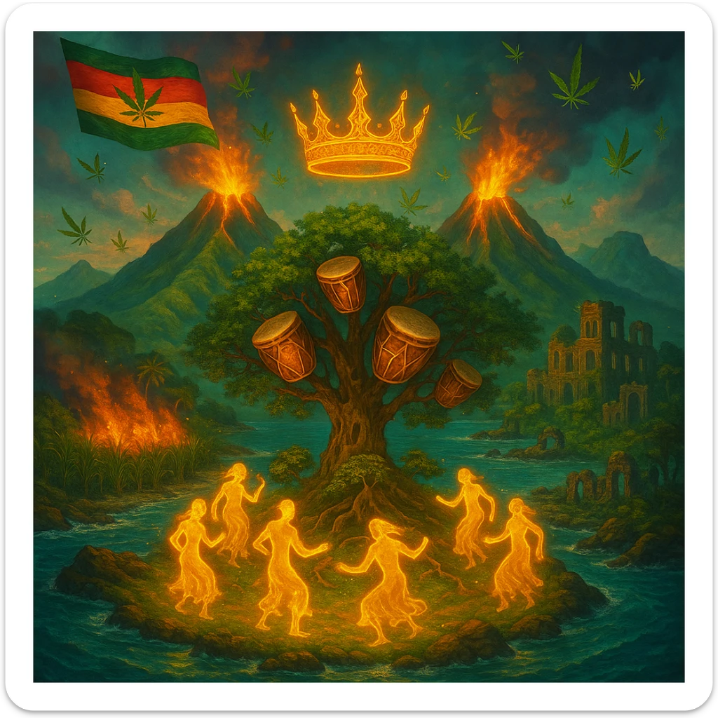 “Depict a mystical reimagining of Guadeloupe, a sacred French Caribbean island renamed Gwadaloo in spiritual rhythm. The landscape blends lush green mountains, twin volcanoes erupting golden light, and deep turquoise sea. In the center stands a legendary Drum Tree — its branches grow carved wooden drums instead of fruit, and glowing ancestral spirits dance around it in a circle of rhythm. Sugarcane fields burn gently in the background, symbolizing the release of colonial pain, while ganja leaves drift in the wind like blessings. Overhead, a sacred ganja-leaf flag flutters in the sky with red, green, and gold colors. A Creole crown floats in golden light above the island, not on any man’s head, but pulsing to the beat of the land. In the distance, ghostly ruins of colonial buildings crumble into dust, reclaimed by vines and time. Use a vibrant, cinematic color palette with warm golden light, deep greens, glowing reds, and ocean blues. Style the scene as prophetic, surreal, and empowering — a vision of Caribbean sovereignty, rhythm, and soul remembrance." sticker