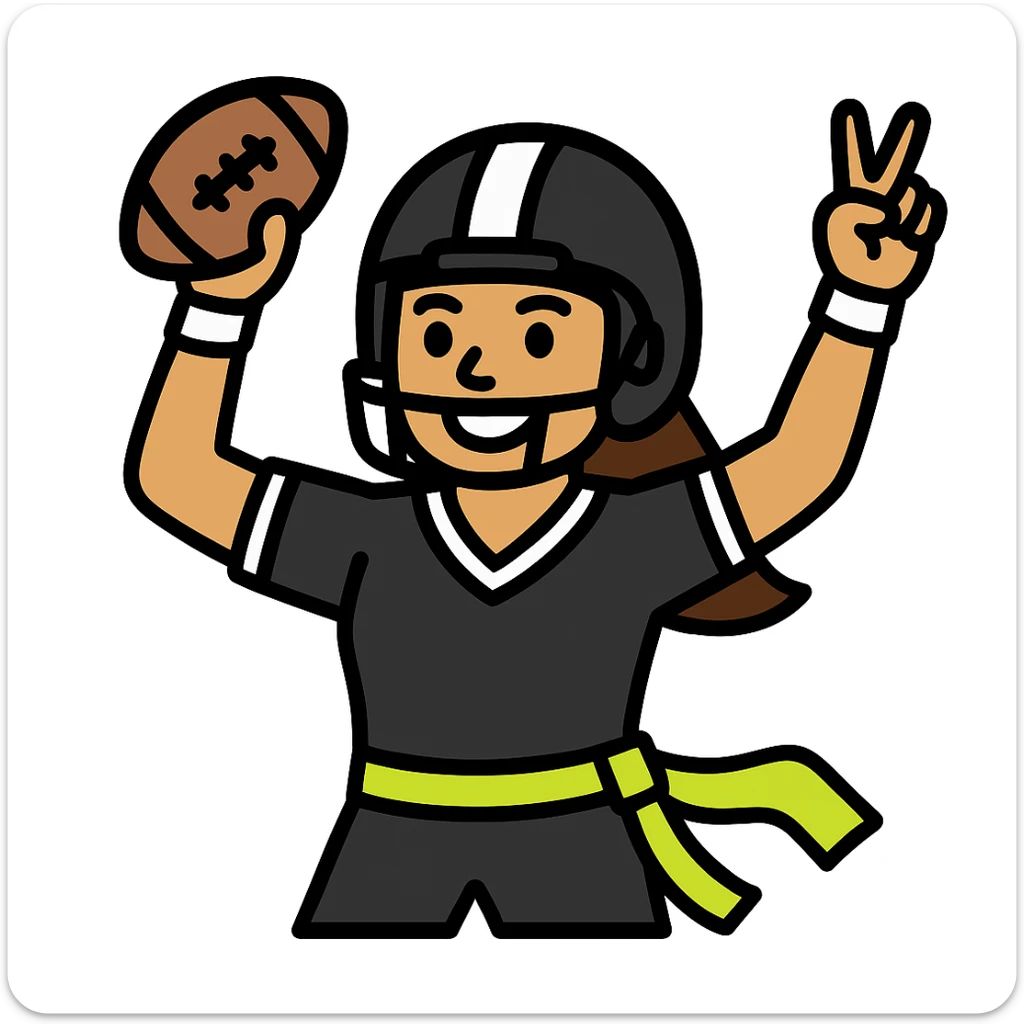 Update to show a woman celebrating a flag football touchdown, wearing a helmet, a black uniform with white accents, and a lemon lime colored flag belt around her waist, holding a football. No country flags. Keep the background transparent. sticker