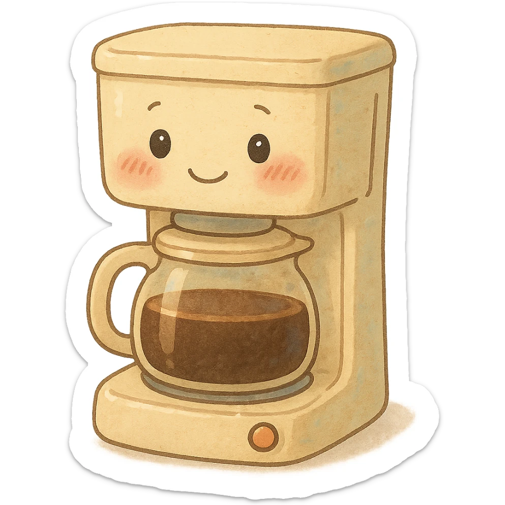 kawaii coffee machine, full body, blushing cheeks, soft pastel colors sticker