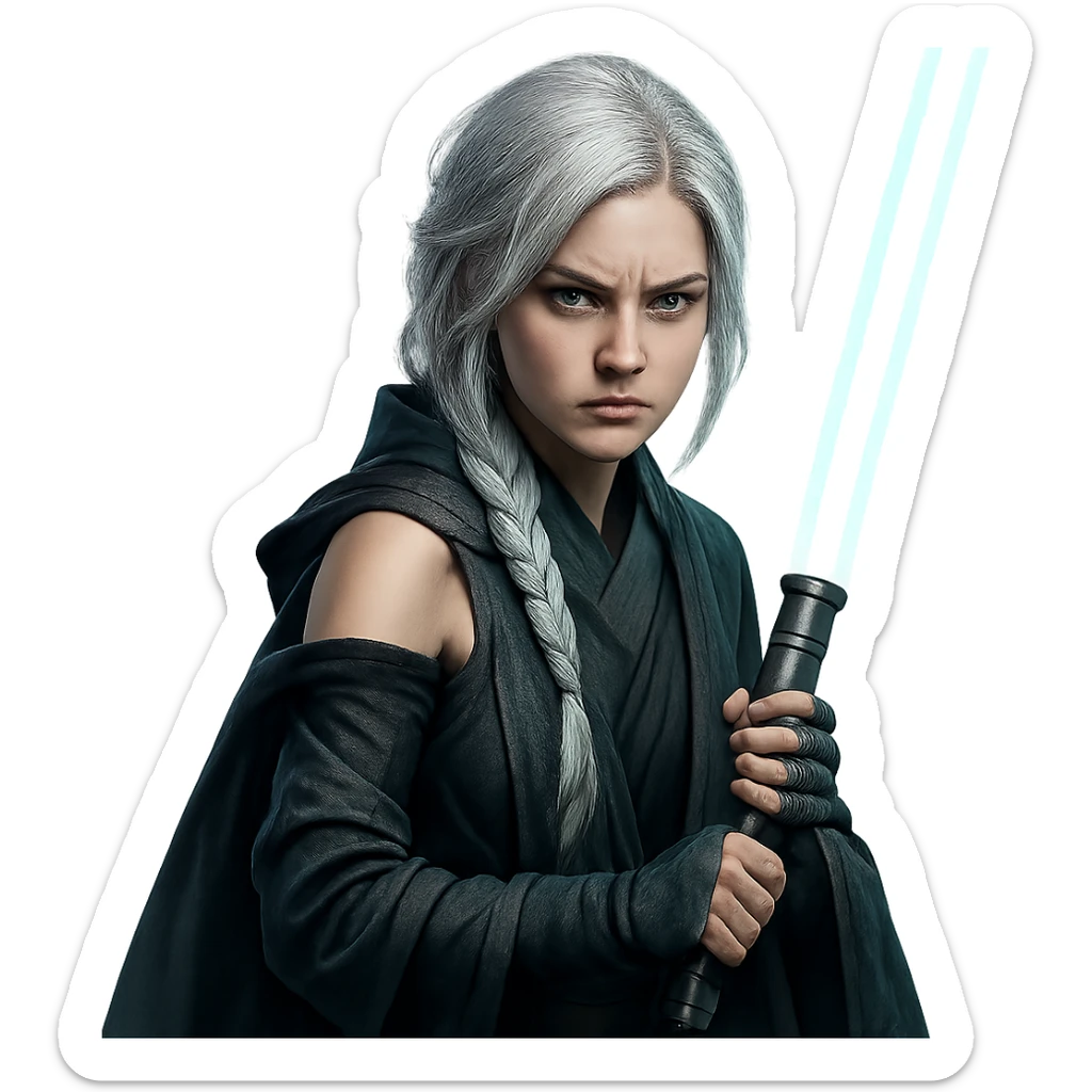  a closeup portrait of young woman with gold yellow eyes, white hair, long braid, black off-shoulder top, punk gothic style, futuristic cyberwave cyberpunk,  jedi attire and posture robes of a padawan, foreweilding a bright blue-green lightsaber, angry fierce face expression, power stance, 30-90 sticker