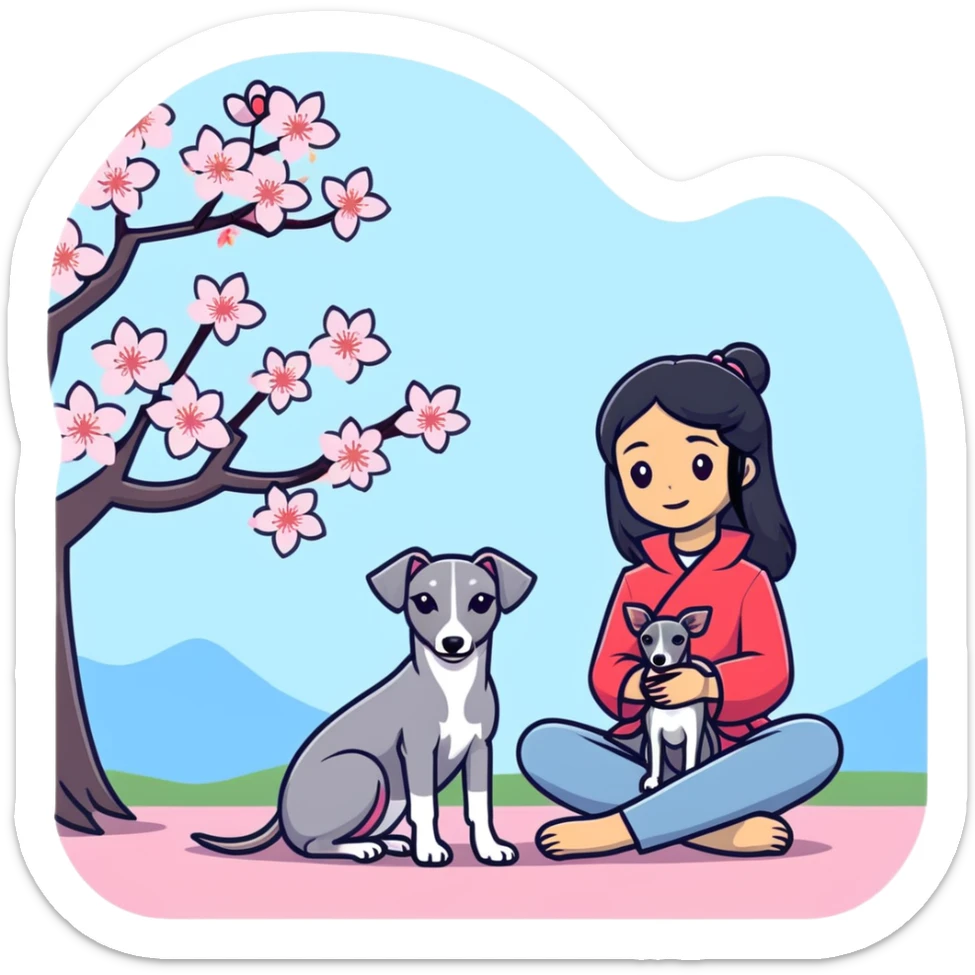 A beautiful 25-year-old Chinese woman with long black hair and a pure dark grey Italian Greyhound with absolutely NO white markings anywhere on its body sitting under a cherry blossom tree. The dog must be completely solid dark grey with no white on muzzle, paws, or chest. sticker