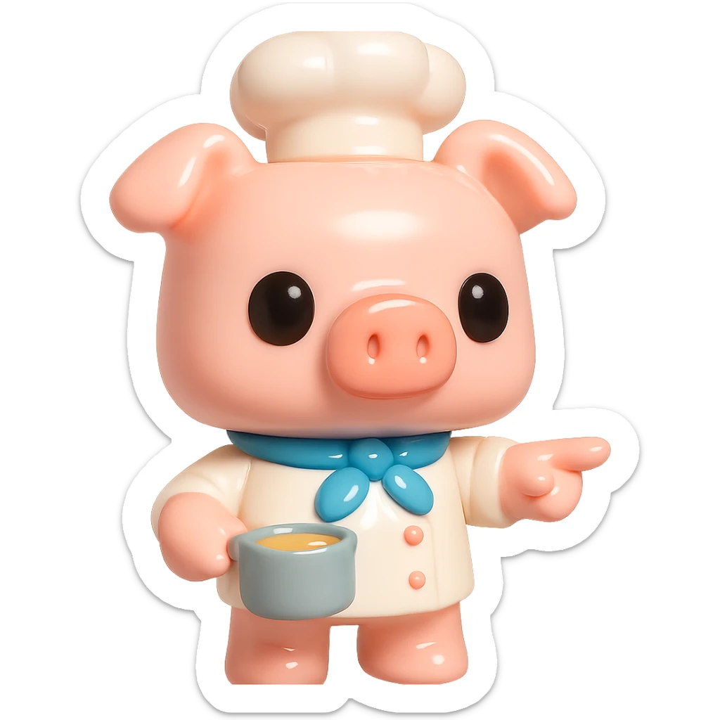 A Funko Pop-style pig chef pointing to the right, wearing a blue scarf and holding a cooking pot, cartoonish and cute. sticker