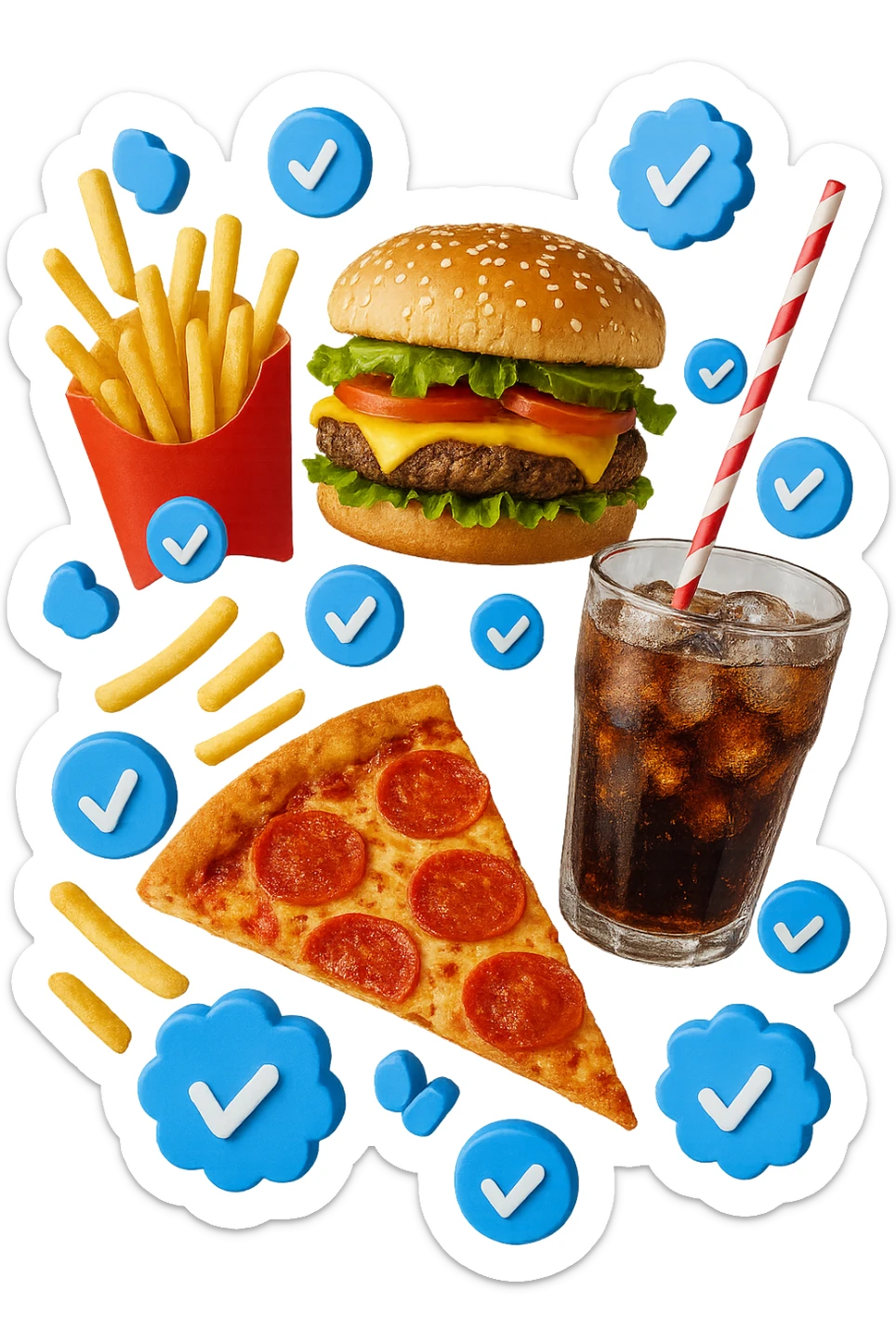 fast food realistico fluttua in aria insieme a spunte di verificato in 3d sticker