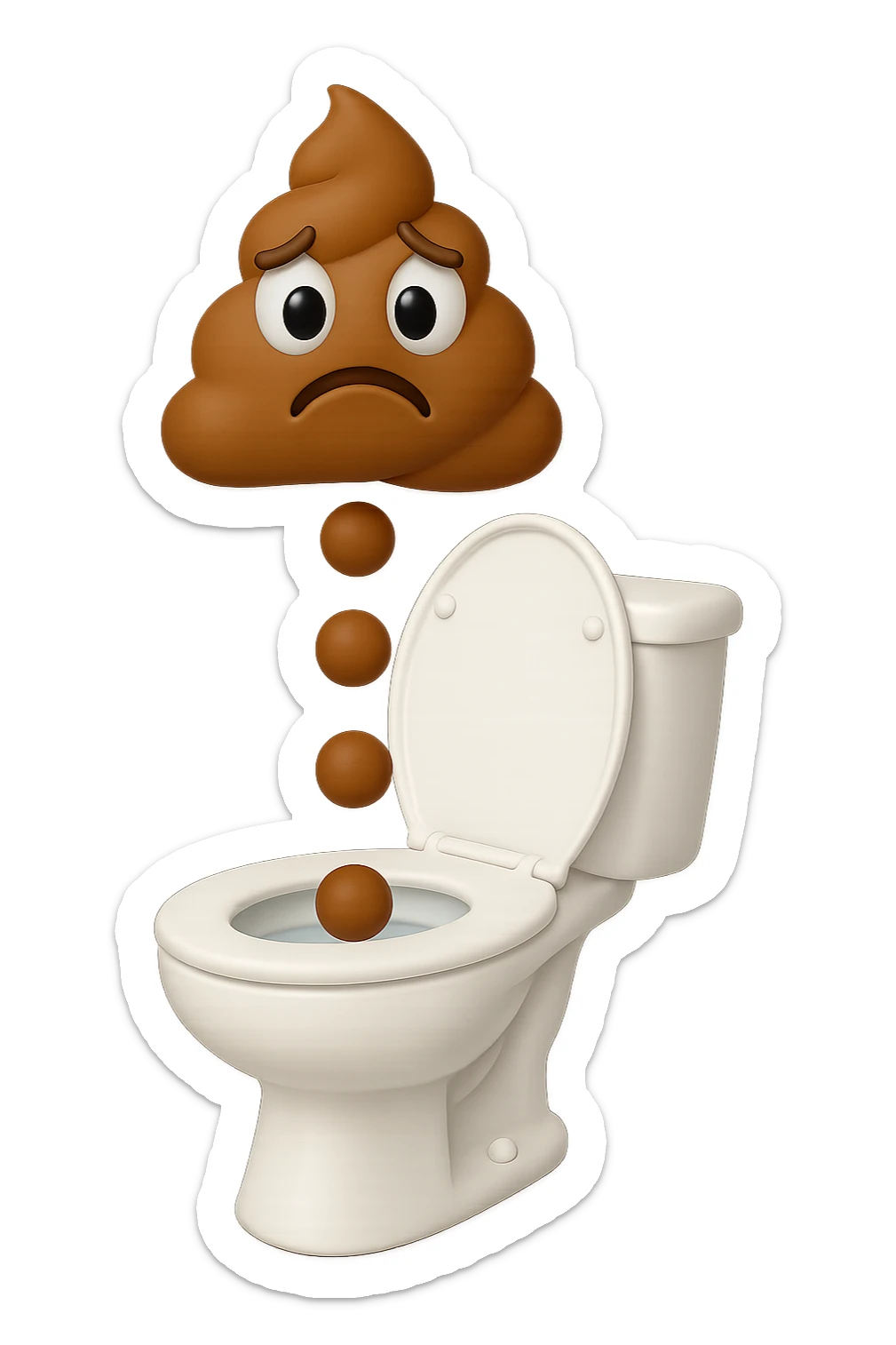 EMOJI STILE IPHONE 3D DI un water con palline di cacca tristi che cadono dall'alto verticalmente, iperrealistico 4k sticker