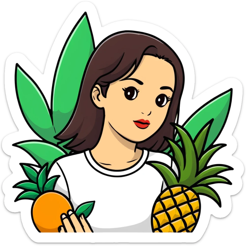 serene young woman with straight dark brown hair, full lips, almond-shaped brown eyes, surrounded by tropical plants, palm trees, pineapples, oranges, lush leaves, botanical illustration style, soft lighting, vibrant colors, sticker-like white outline sticker
