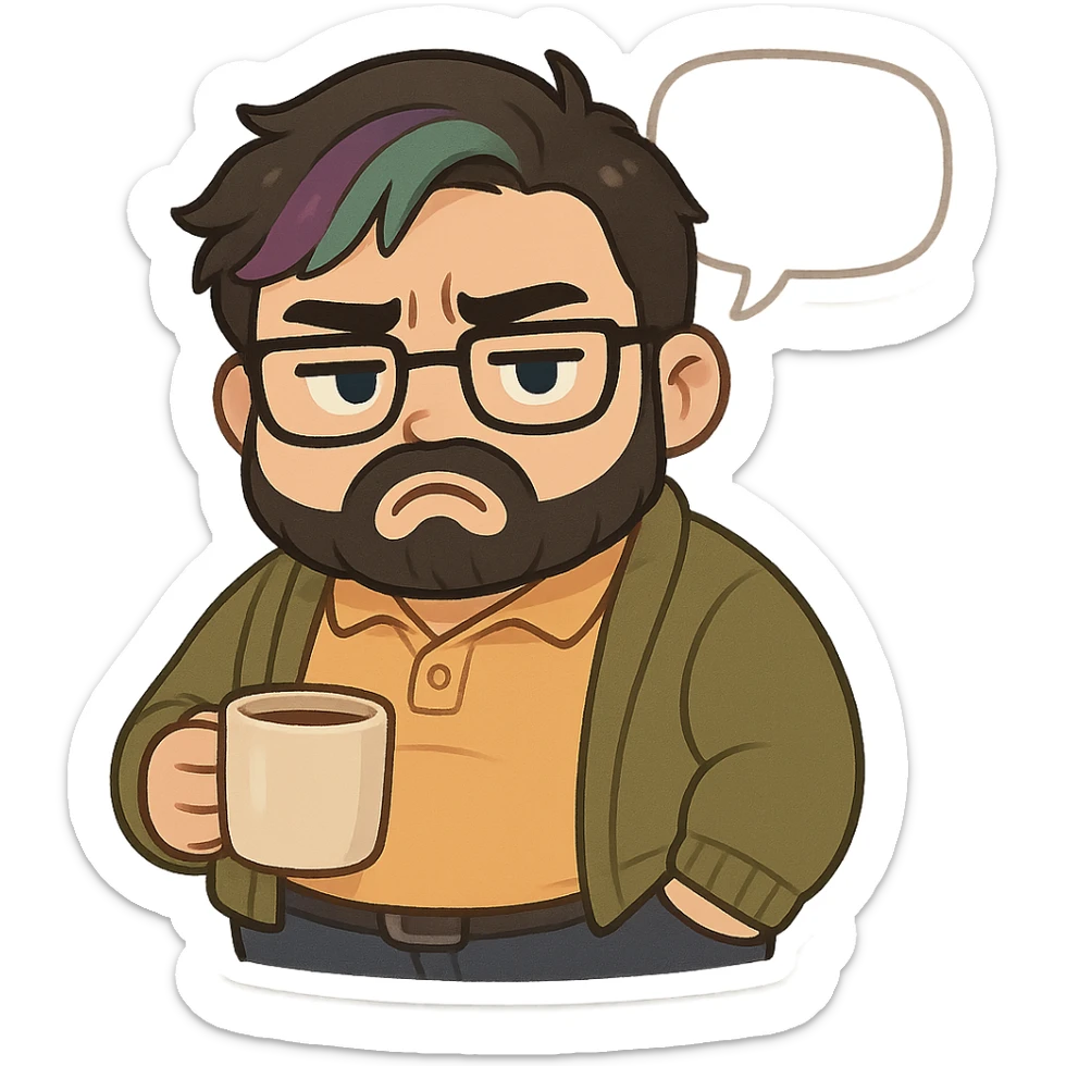 A realism art illustration art style of handsome plus-size man with black hair and a purple to green ombre streak, black beard, blue eye, glasses, dressed like a dad, holding a coffee mug, blank speech bubble, frowning  sticker