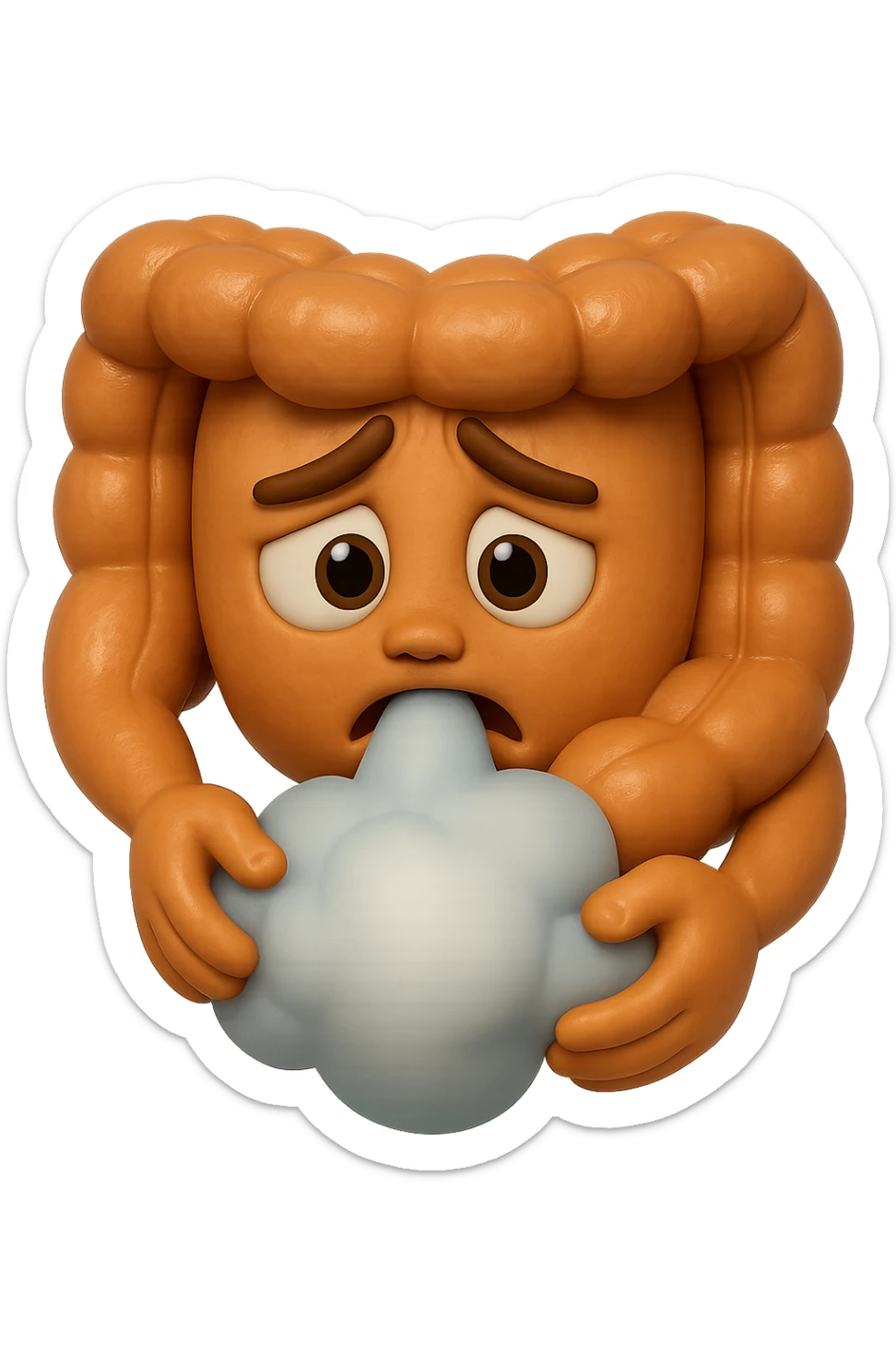 emoji stile iphone di un intestino che ingoia una nuvoletta di aria ben visibile e gli si gonfia la pancia, iperrealistico 4k sticker