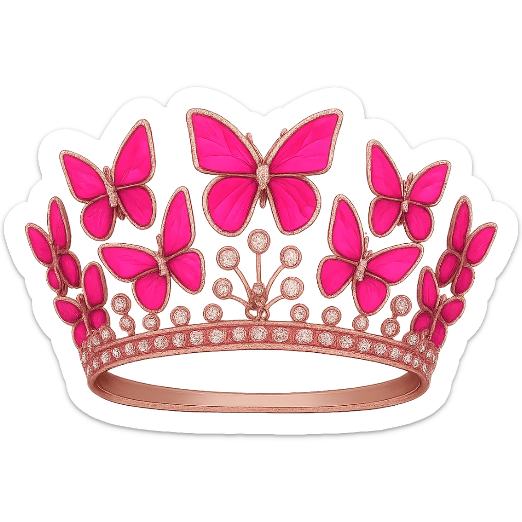 Enhance the vibrancy and saturation of the pink enamel butterflies on the crown, making them more vibrant and saturated in their pink enamel shades. Keep the sparkling gems and pink base intact. No background. sticker