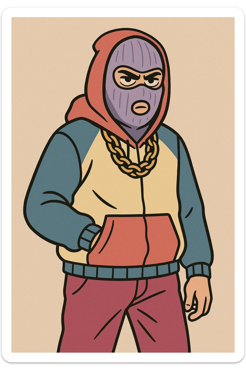 thug wearing a shiesty mask, urban street style, bold and vibrant colors, streetwear fashion sticker