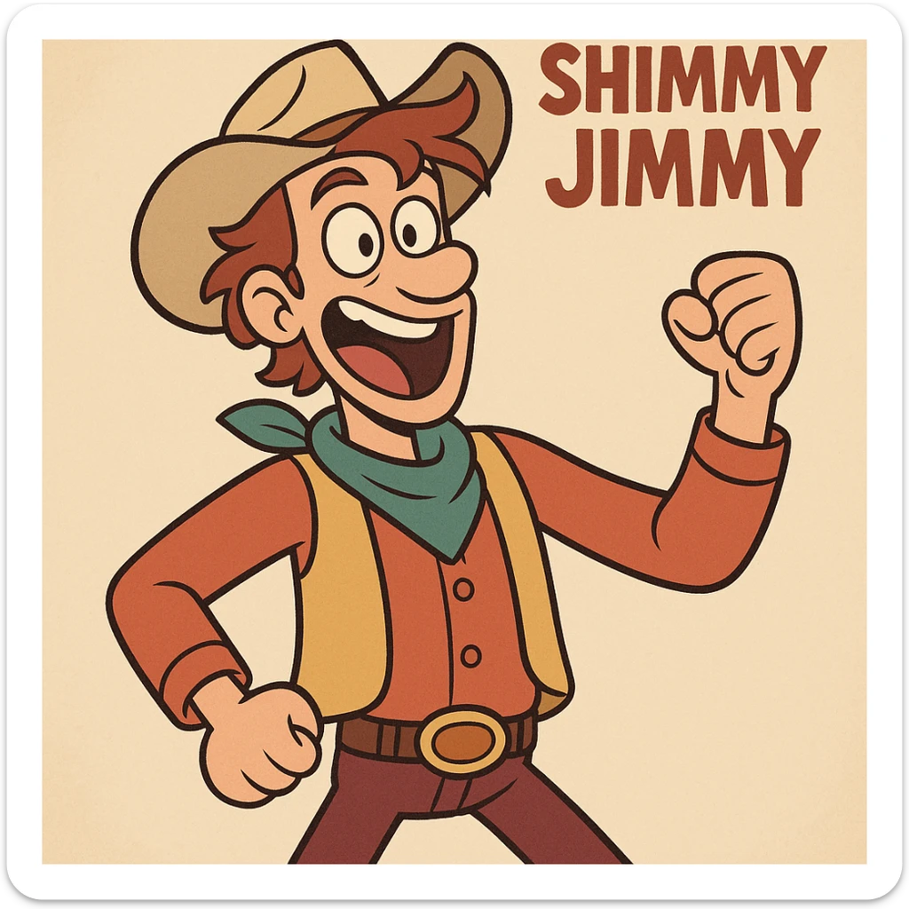Shimmy Jimmy, Blended movie, energetic expression, colorful attire, animated cartoon style sticker