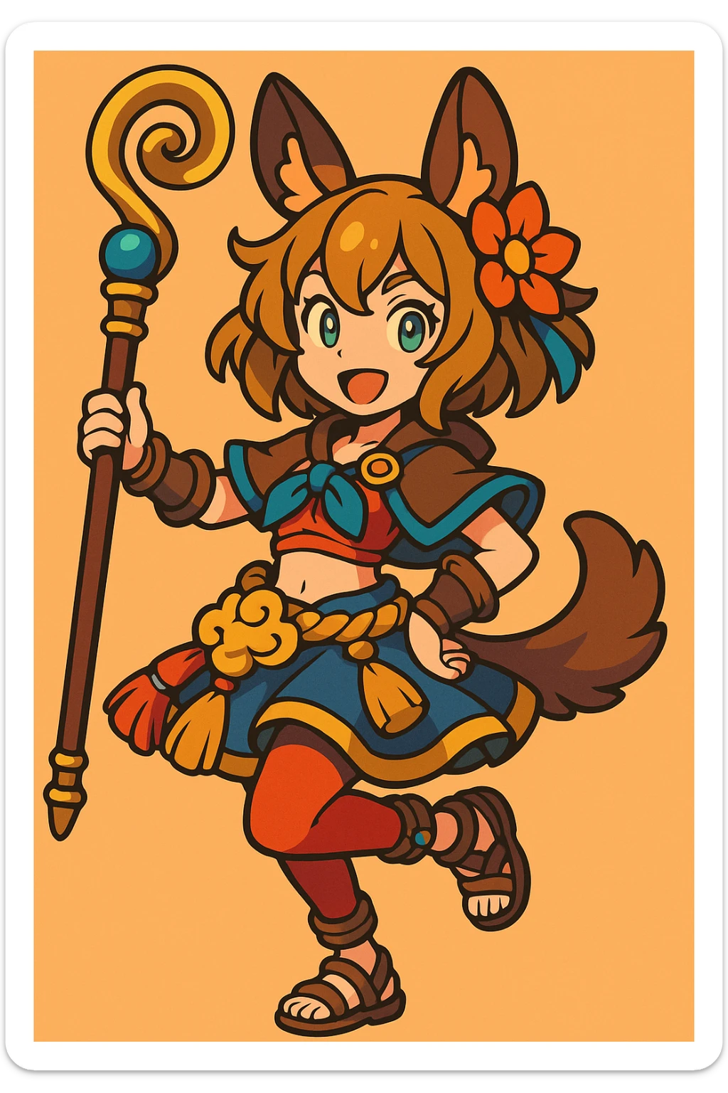 Andira from Granblue Fantasy, 3D toon style, holding staff, playful pose, animal ears, bright colors, detailed accessories sticker