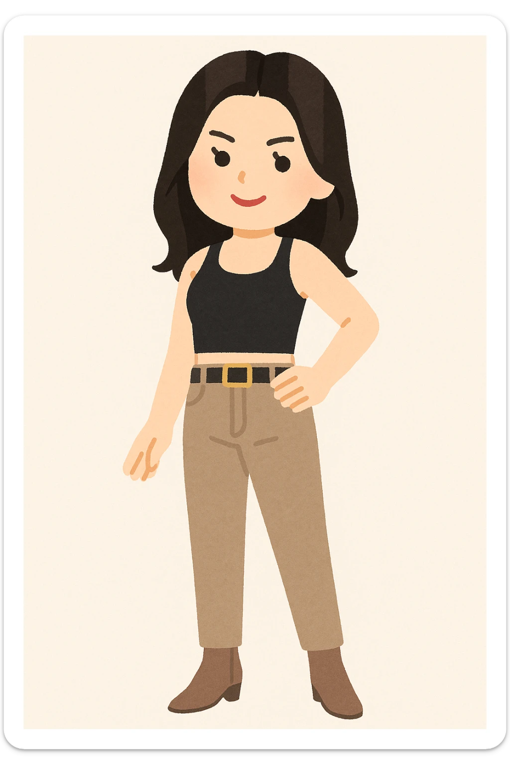 Kendall Jenner in Irasutoya style, posing confidently, trendy attire, cute cartoon proportions, soft color palette, plain background sticker