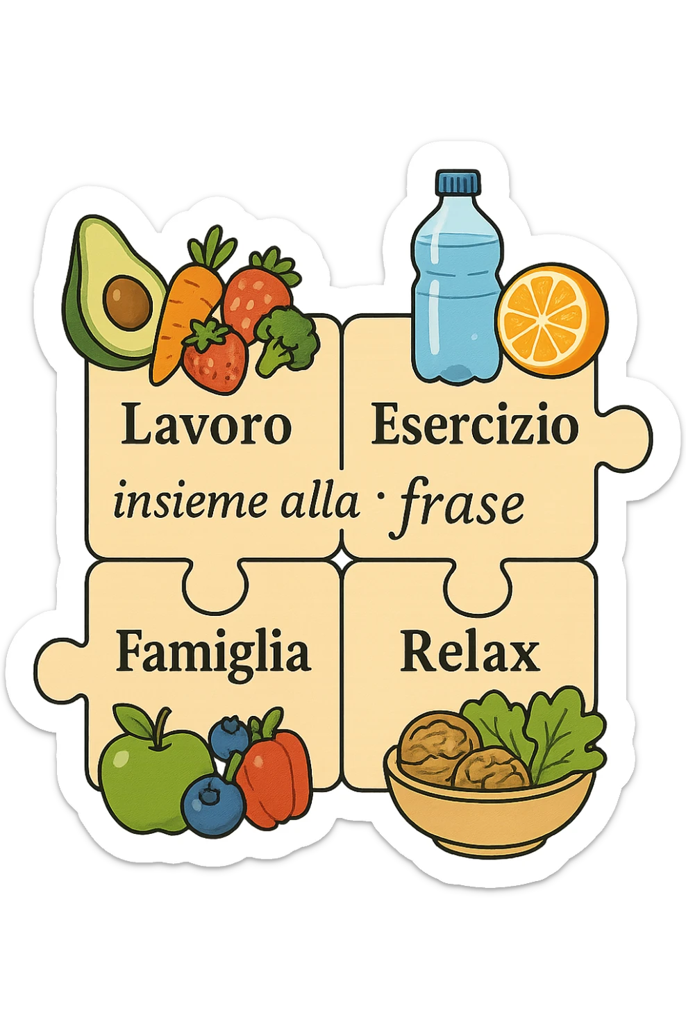 Puzzle (Lavoro, Esercizio, Famiglia, Relax), and healthy foods insieme alla frase specifica are integrated into each piece. in italiano sticker