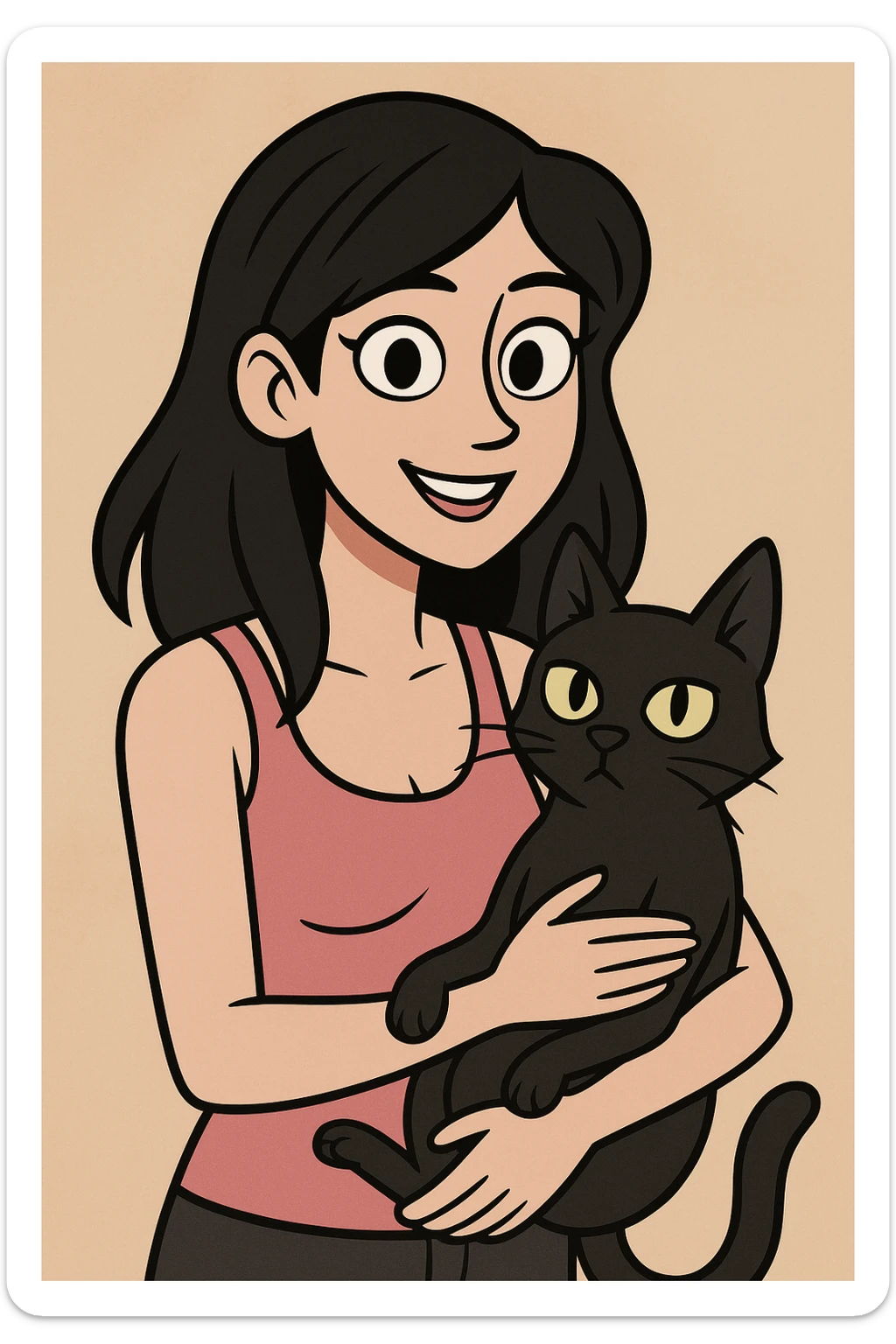 pretty woman with black hair and brown eyes, wearing a pink tank top, holding a black cat, soft cartoon style sticker