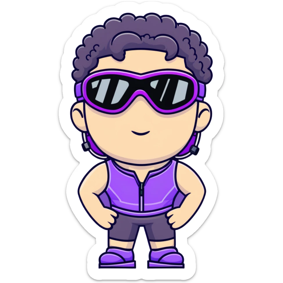 male athlete with white skin and moderately curly black hair on top with shaved sides, wearing ski goggles with purple frames and very dark black lenses, a simple plain black chain necklace, and an open shiny purple vest showing his chest and abs, no earrings sticker