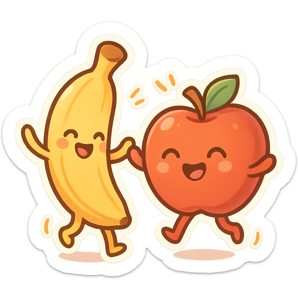 a banana and apple with smiling faces, dancing joyfully, vibrant colors, no background sticker