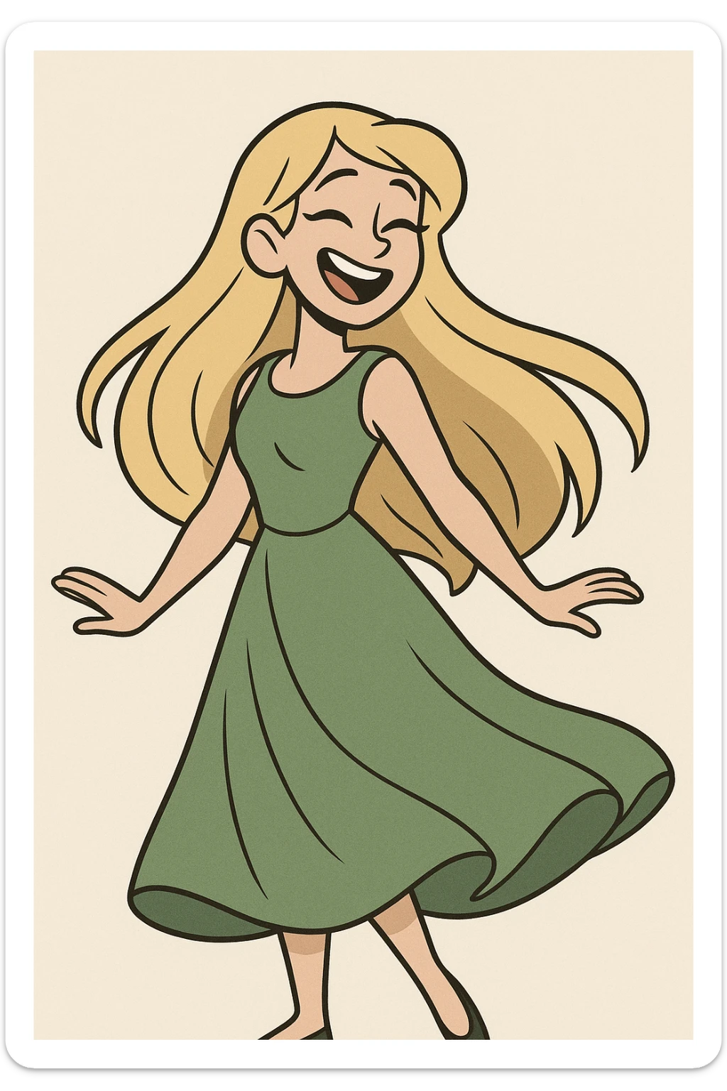 a girl in a flowing green dress, long blonde hair, smiling, minimal background sticker
