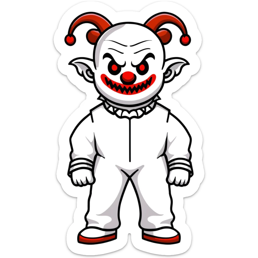 full-body demonic clown in a white leisure suit with bellbottom pants, bald, with black ram horns sticker