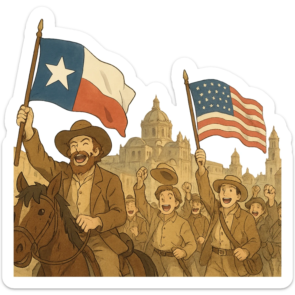 historical painting of Texans triumphantly entering Mexico City, waving flags, joyful expressions sticker