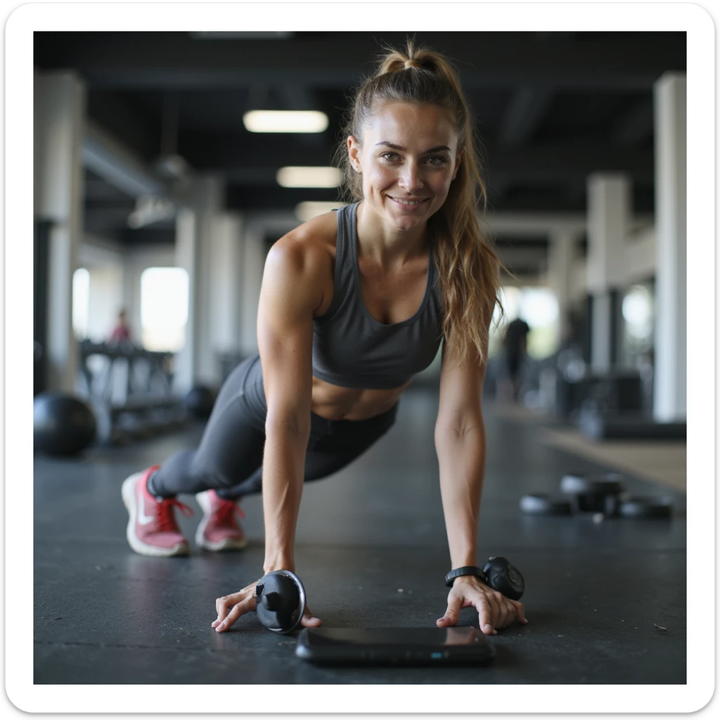 sporty woman in technical sportswear in gym, recording video check for coach with smartphone while doing plank, modern and tidy environment, hyperrealistic details, 4K, 7/8 sticker