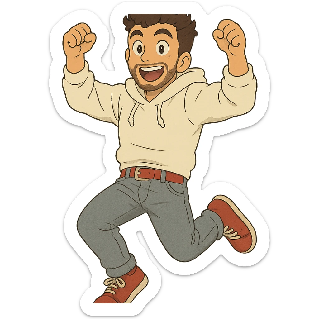 1 male, mid fade haircut dark chestnut brown curly hair, toasted lightskin, white hoodie sleeves up, gray fashion jeans, red fashion-sneakers shoes, red belt, short trimmed beard and goatee,  style of deku from "my hero academia",  doing a pose for a "happy" emote for twitch sticker