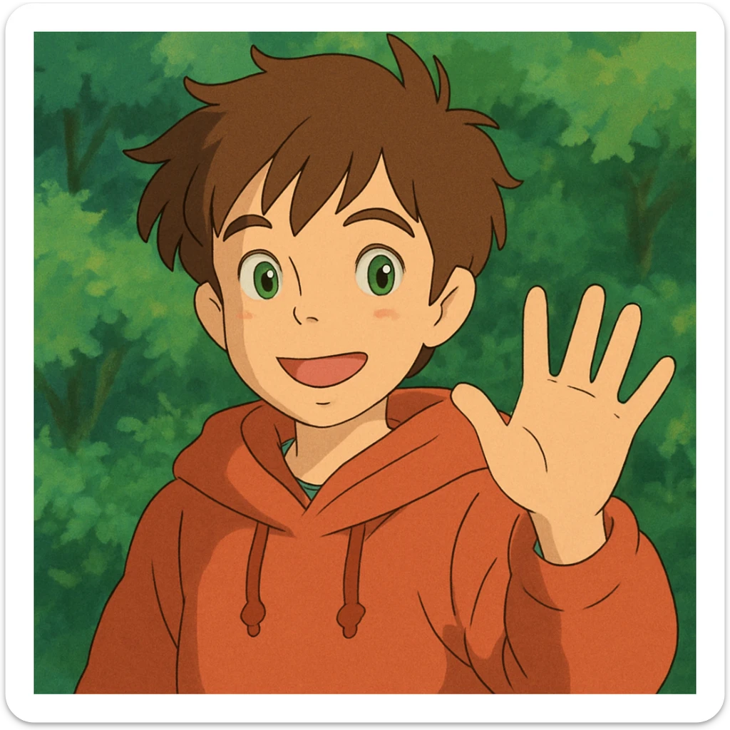 A boy brown hair green eyes with hoodie a hand and say hello sticker
