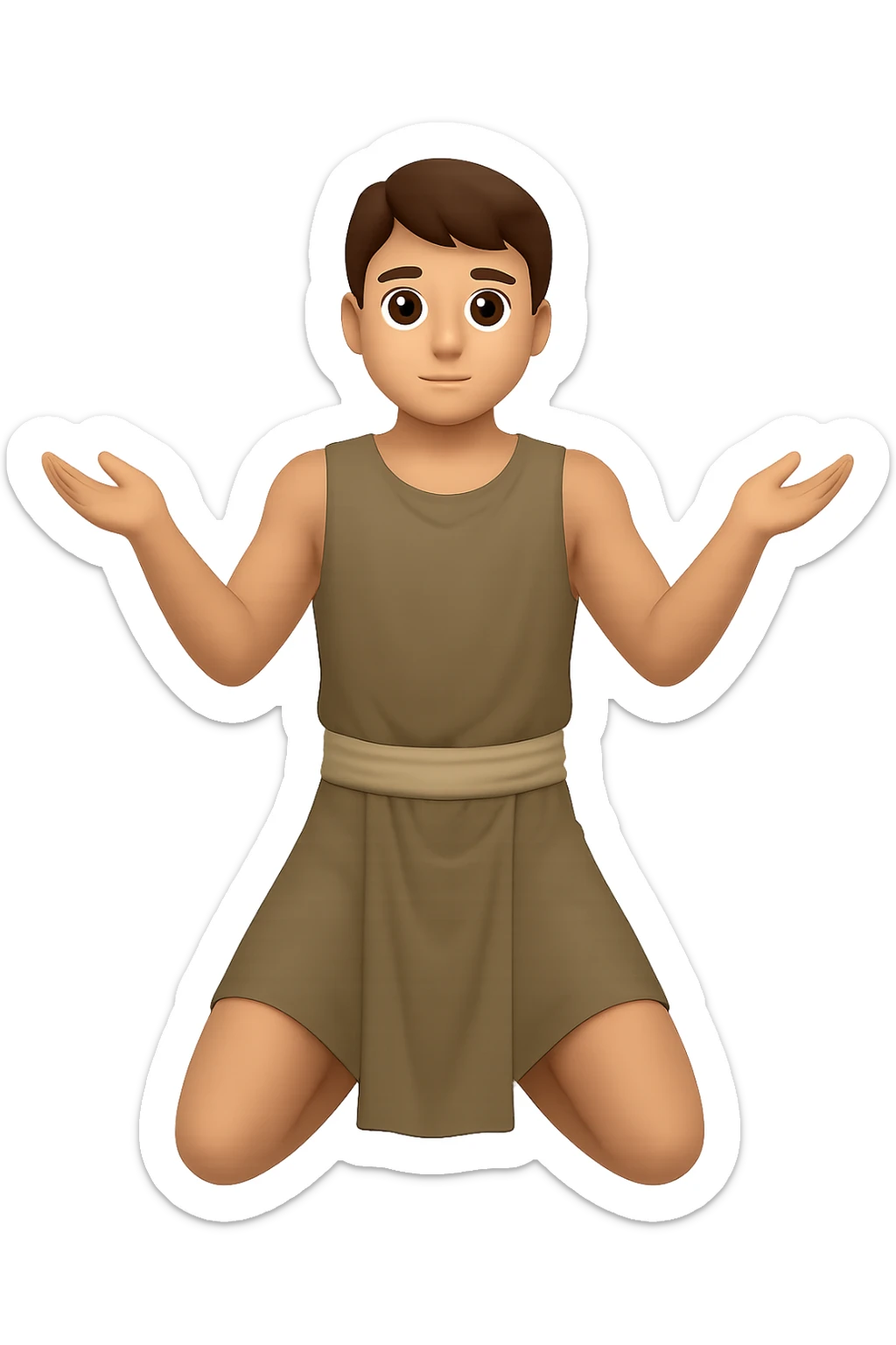 Remake this emoji in apple emoji style with brown hair and no silver handbands, fullbody apostle kneeling pose, variation 3. Keep the apple emoji style look and feel. sticker