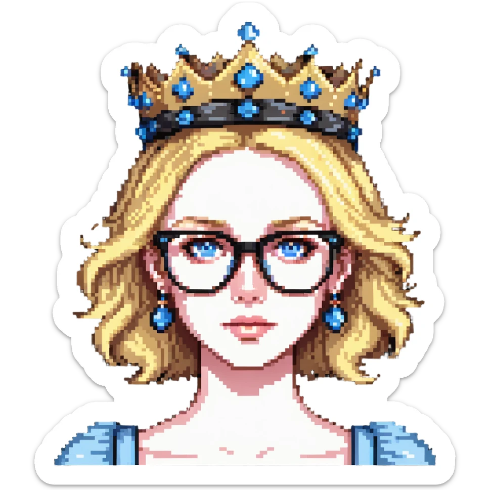 beautiful princess with blonde hair, bright blue eyes, wearing stylish glasses and a crown sticker