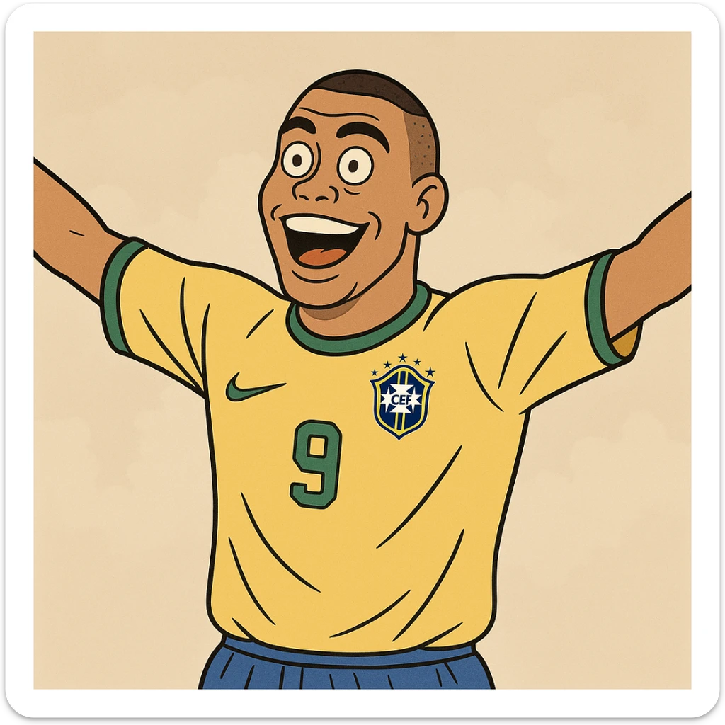 cartoon illustration of Ronaldo Fenômeno, celebrating a goal, arms outstretched, Brazil jersey sticker