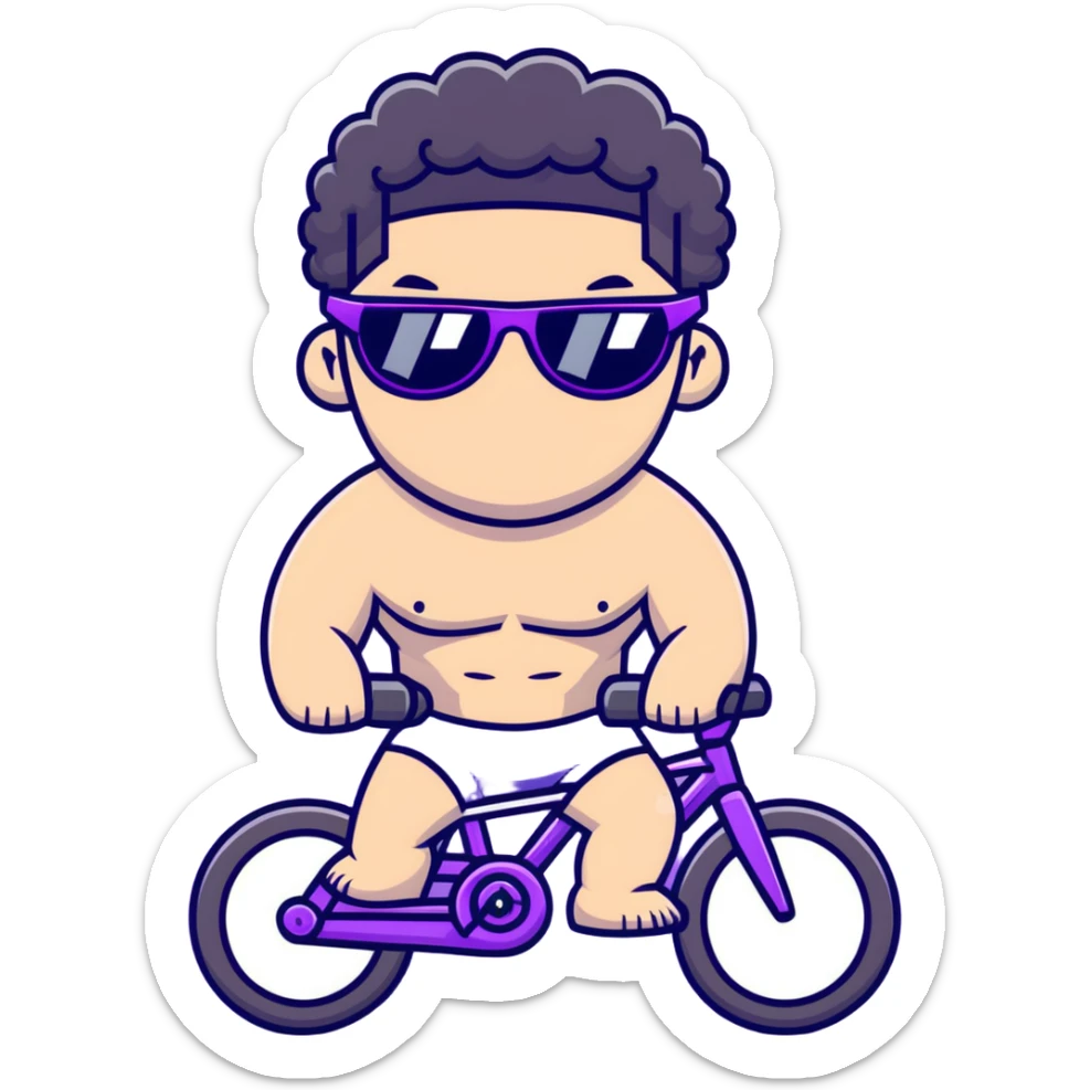 shirtless male athlete with white skin and moderately curly black hair on top with shaved sides, wearing purple bike sunglasses with black tinted lenses sticker