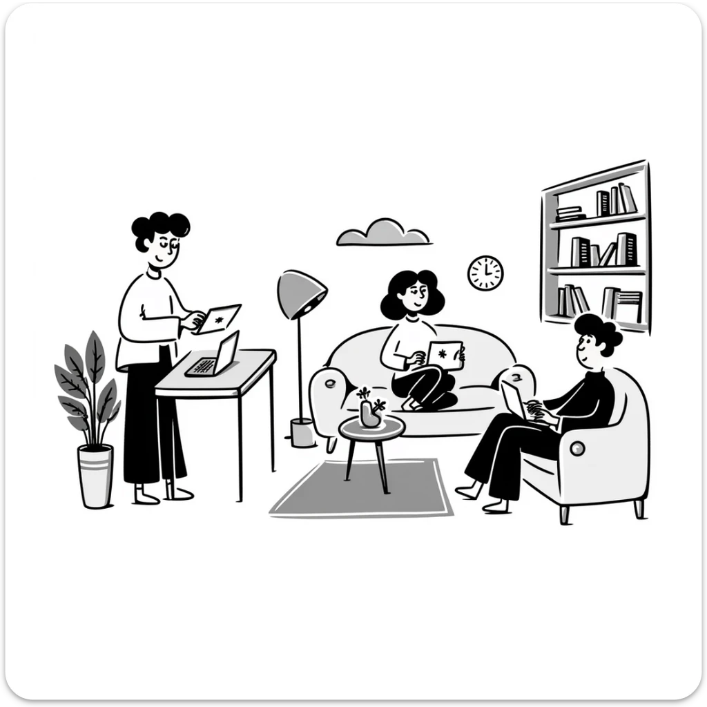 escenary 3d of a cozy mid-century living room with two people working on laptops, one man standing at a desk, and one woman sitting on a couch sticker