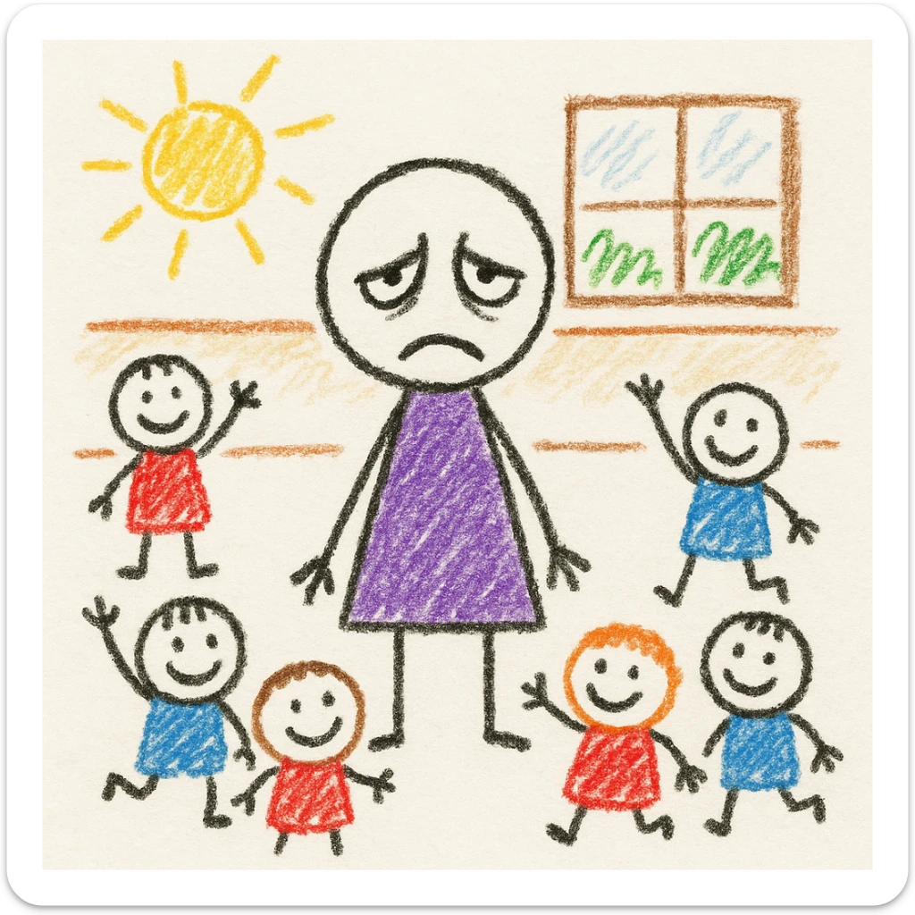 exhausted teacher in a bustling classroom sticker