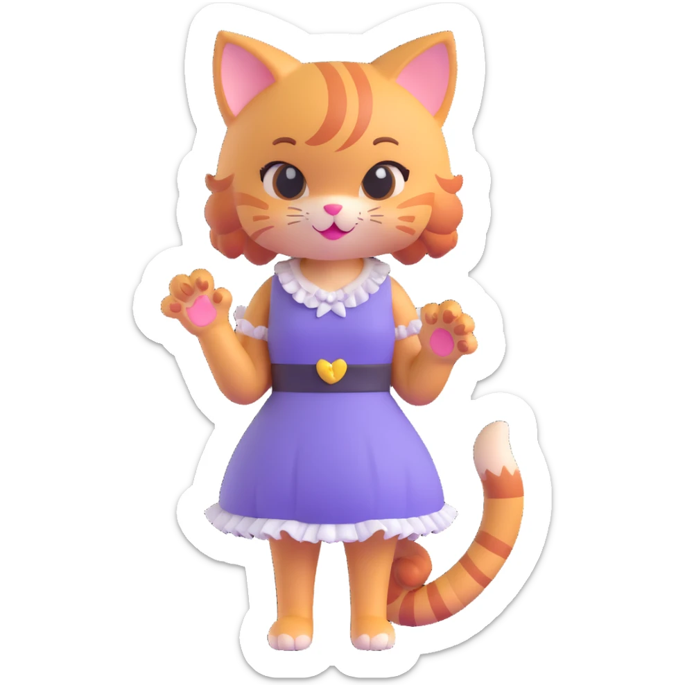 cute 3D cat girl, twin tails, winking, holding a paw up, frilly dress, sparkly background sticker