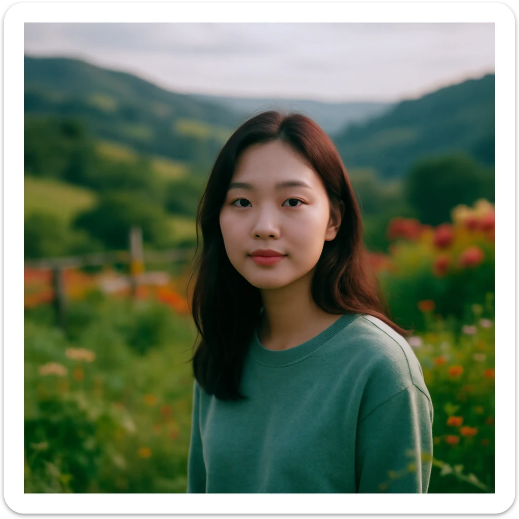 A portrait of a person in the foreground, blurred plants in the foreground, a wooden fence and colorfull flowers in the midground, rolling hills in the background, cinematic depth of field, layered composition, natural lighting sticker