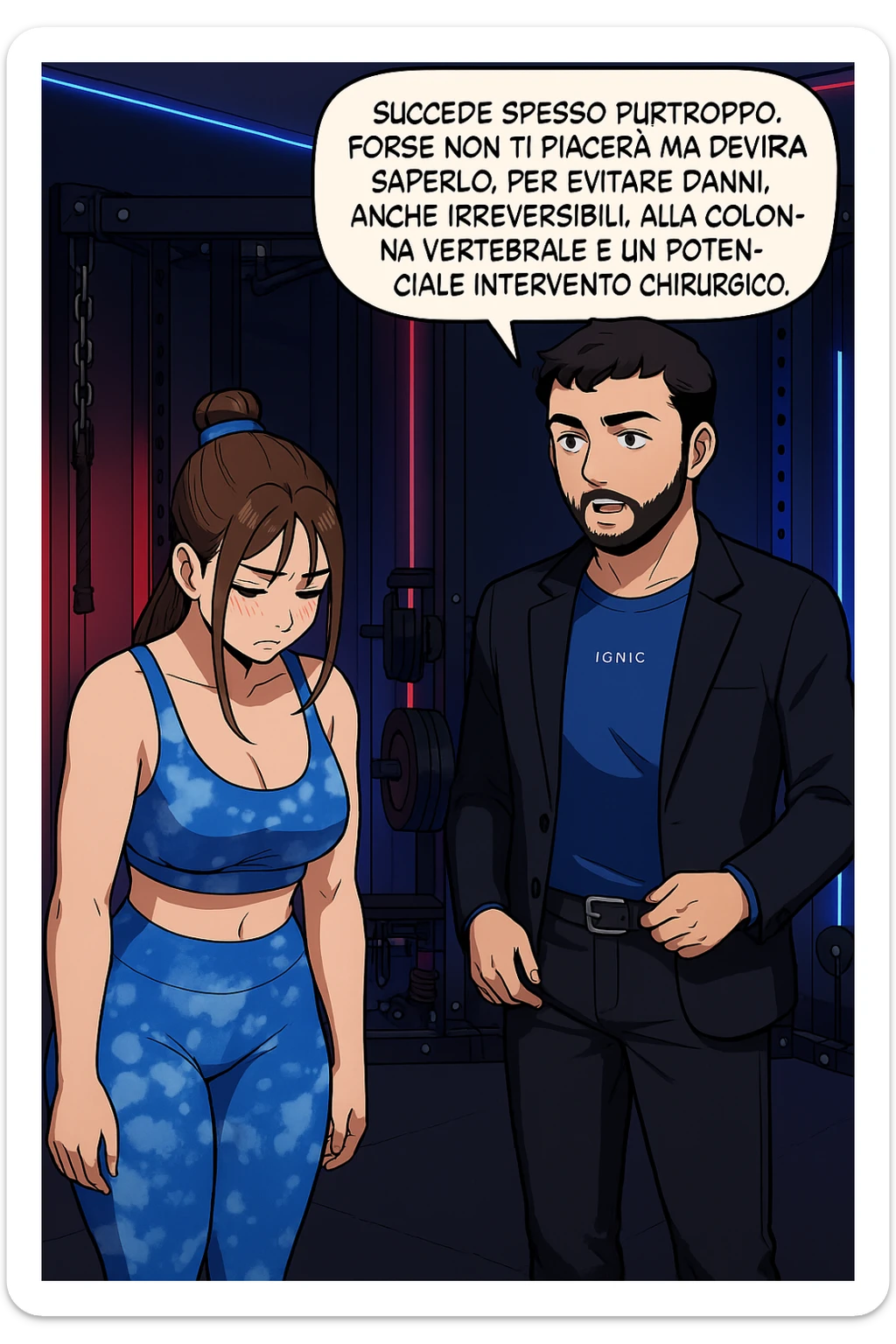 fai questa immagine in versione fumetto/manga/webtoon a colori, il manga mostra l'uomo che risponde alla donne:
Succede spesso purtroppo. 
Forse non ti piacerà ma devi saperlo, per evitare danni, anche irreversibili, alla colonna vertebrale e un potenziale intervento chirurgico. sticker