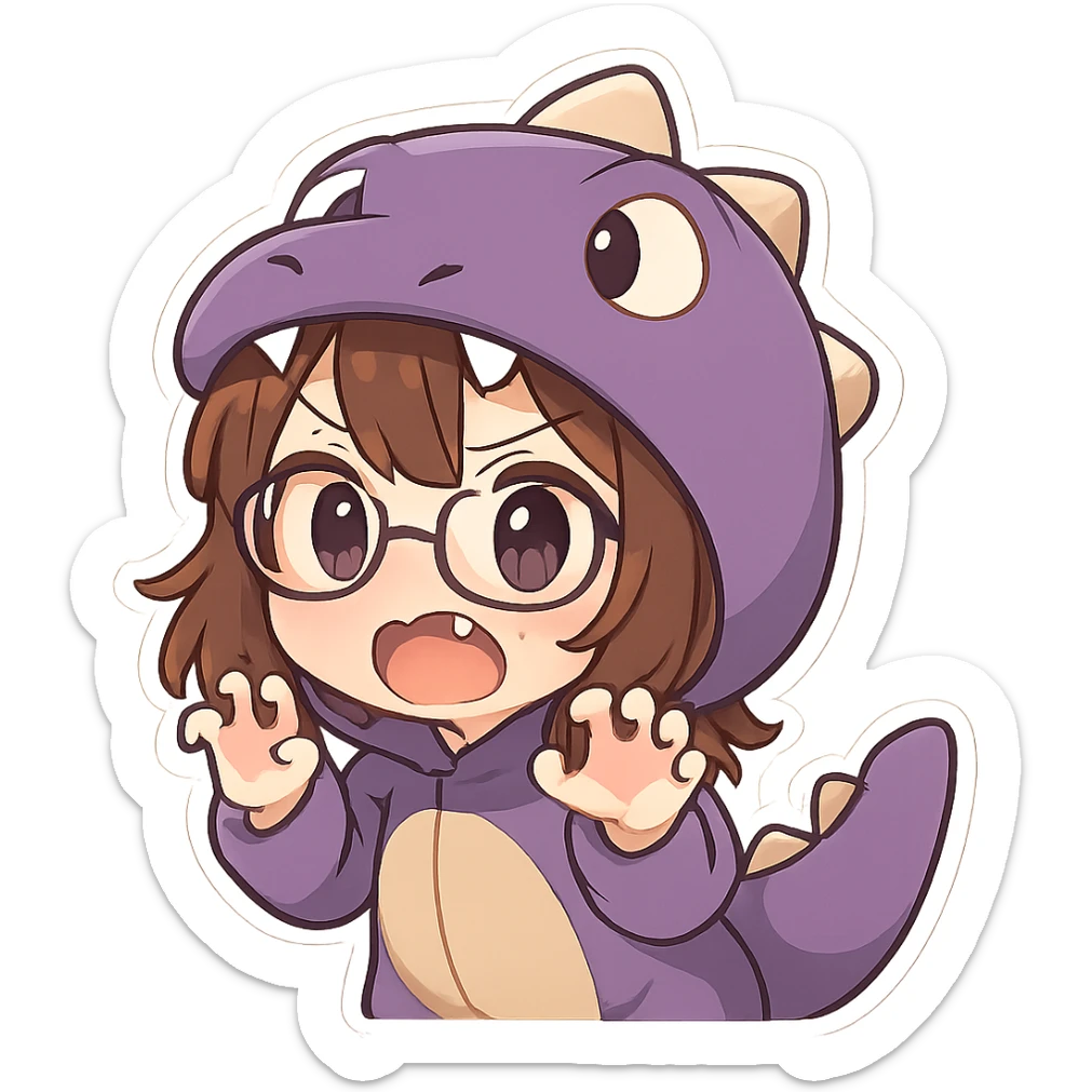 Chibi anime style girl with glasses, brown hair, dark purple eyes, wearing a purple dinosaur costume, surprised expression, clawing the air with her hands, showing her teeth, no controller, no background. sticker