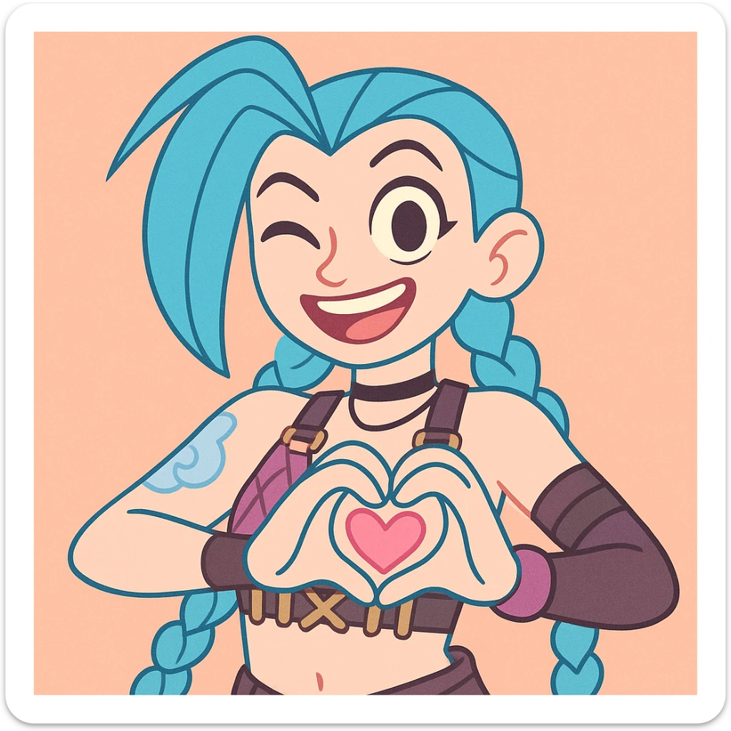Jinx from League of Legends making a heart gesture with her hands, pastel toon style sticker
