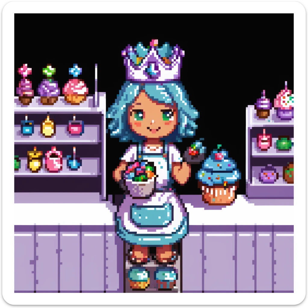A playful baker in a pastel-pink candy lab. Walls of bubblegum bricks, frosting-covered counters, and a cupcake-shaped oven. The baker wears a gummy bear-studded apron, marshmallow gloves, and a rock candy crown. UI elements look like melting lollipops, candy cane sliders, and syrupy transitions. sticker