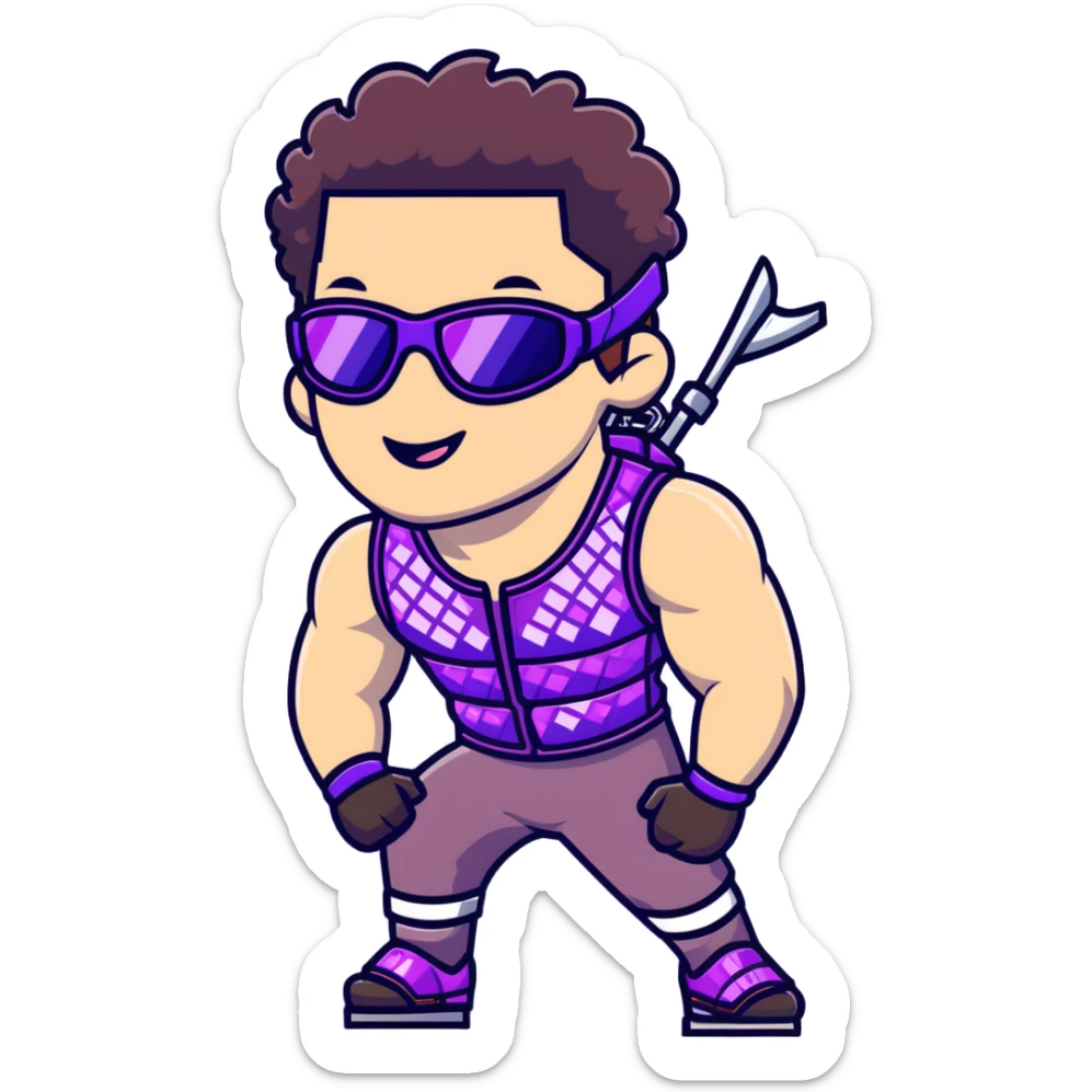 close-up of cool guy male athlete with white skin and moderately curly dark brown hair on top with shaved sides, with one purple ski goggle lens pushed up above his eyes on his forehead, sticking his tongue out of his mouth, wearing only a plain black chain necklace around his neck, and a completely unzipped sleeveless vest with purple and black sequin fire pattern design with no logo, clearly showing he is shirtless underneath with exposed chest and abs sticker