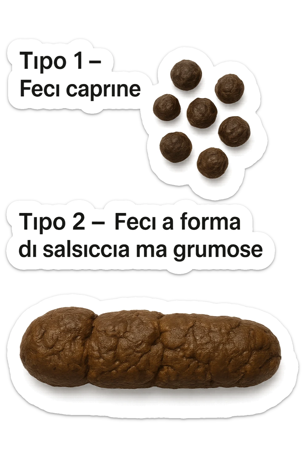 immagine di due tipi di feci iperrealistiche viste dall'alto con descrizione:
Tipo 1 – Feci caprine
Palline dure, separate, simili a noci

Tipo 2 – Feci a forma di salsiccia ma grumose
Massicce e disidratate.
 sticker