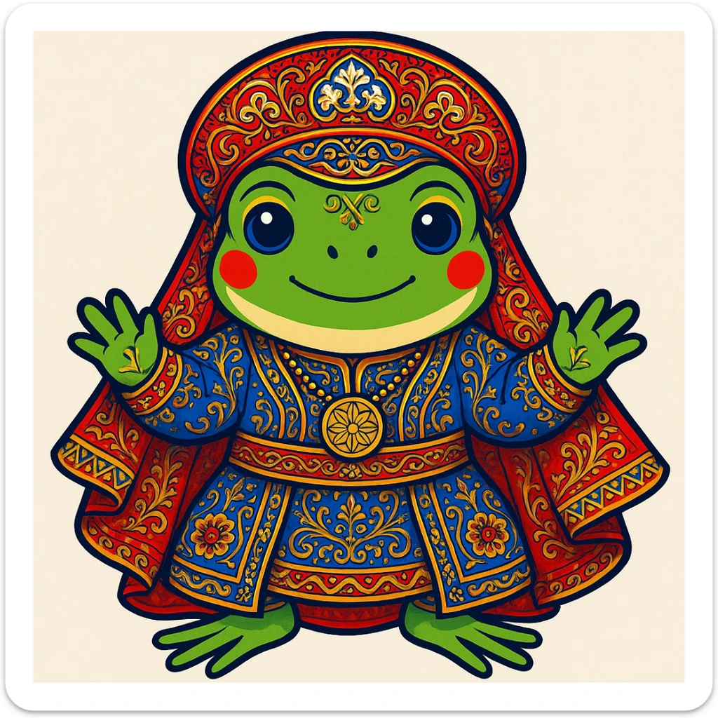 Incorporate more elaborate designs and cultural details into the playful frog's Bashkir costume (sticker style) sticker