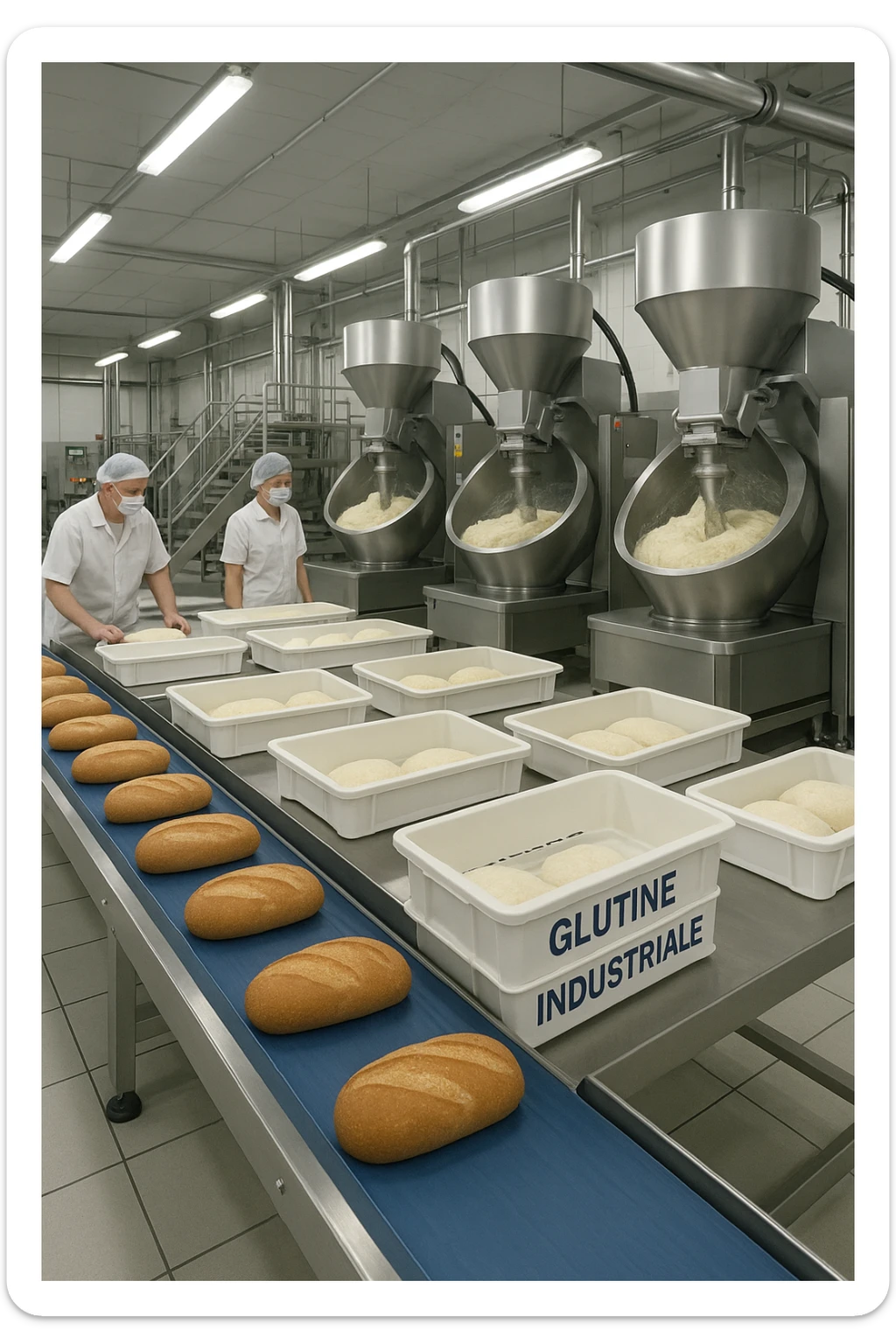 a modern food processing factory interior, with large stainless steel machines mixing and kneading dough. In the foreground, a conveyor belt carries loaves of bread and trays of raw gluten, labeled “Glutine industriale” Workers in uniforms and hairnets monitor the process. The atmosphere is clean, efficient, and slightly clinical. sticker