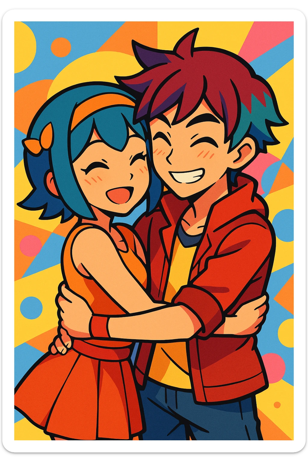 Lana and Kieran as a couple, hugging, in a vibrant anime-inspired style sticker
