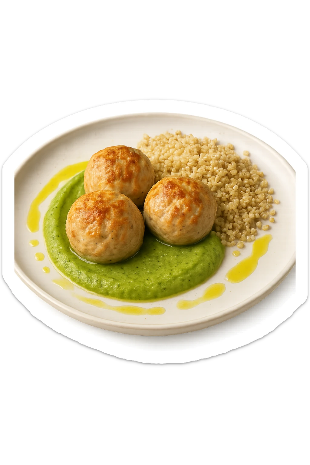 polpette di tacchino, purè di zucchine, quinoa e olio di oliva, iperrealistico 4k sticker