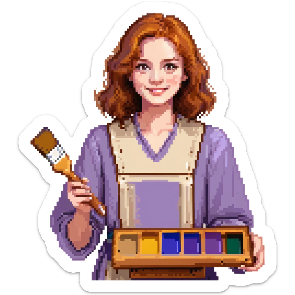 Serene female oil painter, Caucasian features, shoulder-length auburn hair, soft brown eyes, gentle smile, wearing a violet painter’s smock lightly stained with paint over a beige blouse, holding a wooden palette with vibrant colors in one hand and a brush in the other, waist-up, front-facing sticker