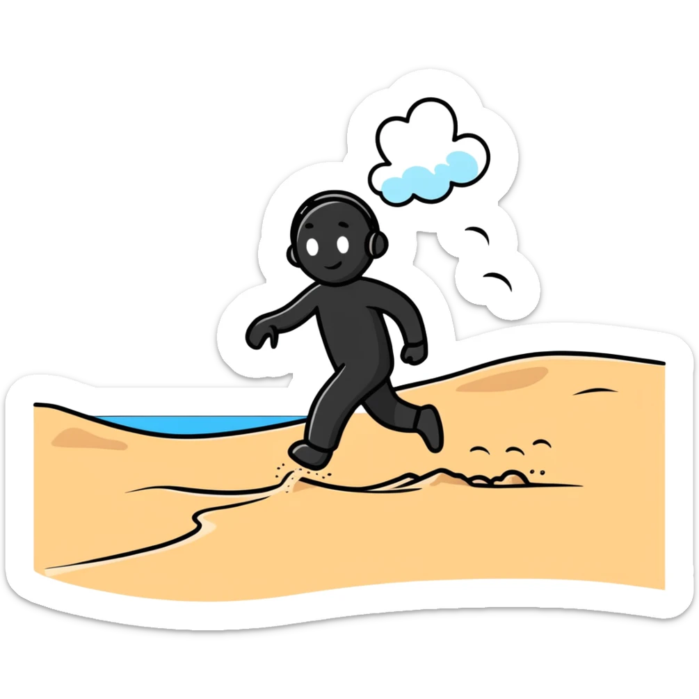 cartoon person tiptoeing and hopping quickly across hot beach sand with steam rising from footprints sticker